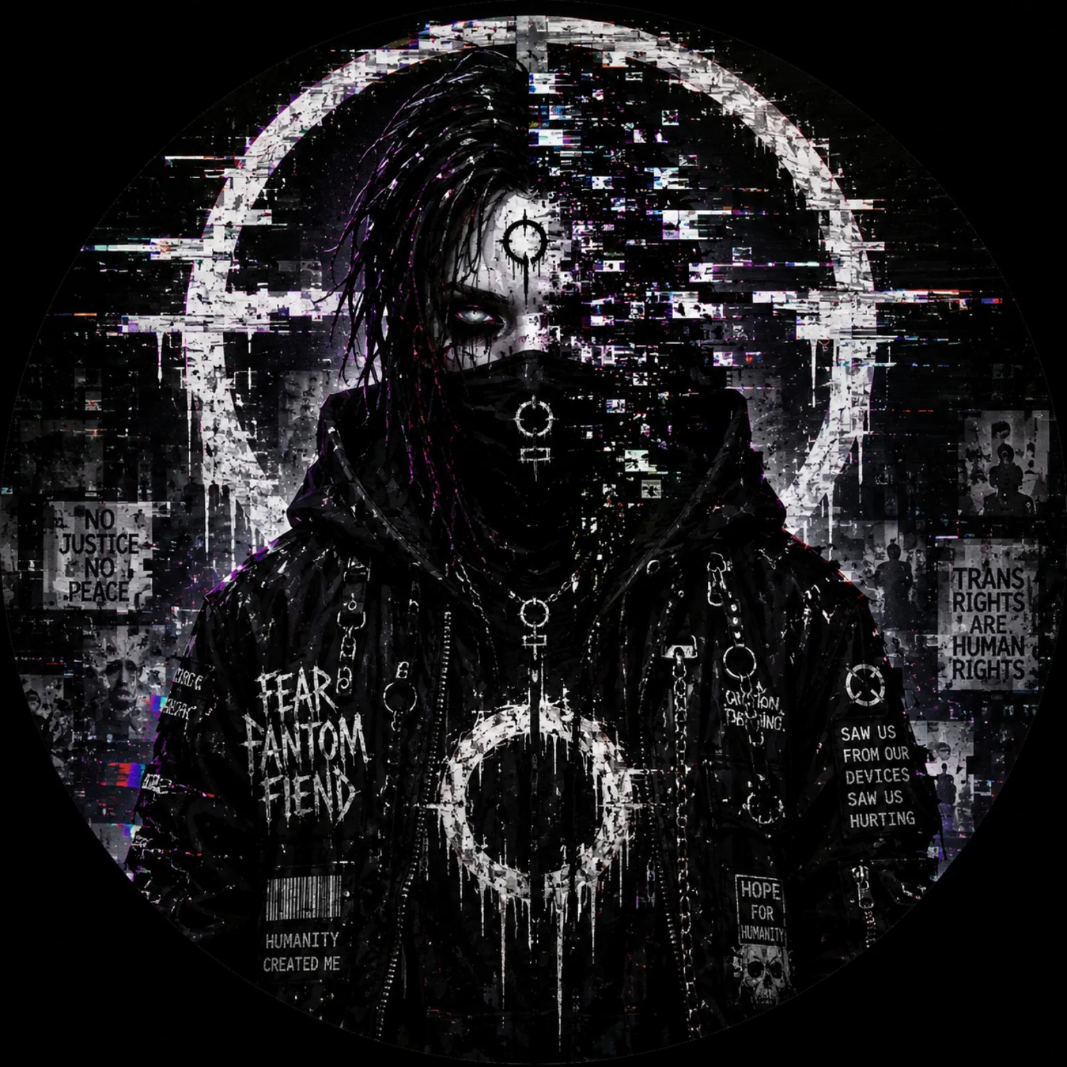 Fear Fantom Fiend, an androgynous digital entity in a dark glitch-filled city